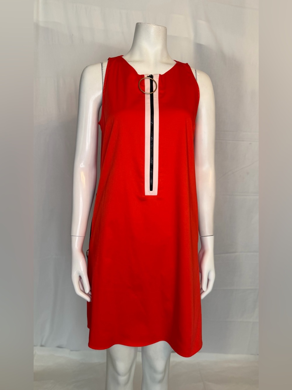 Red Sleeveless Shift Dress with Front Zip Ring